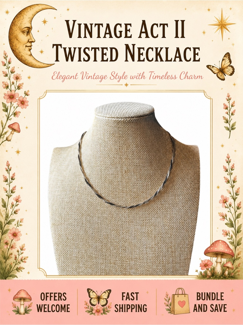 Vintage ACT II Twisted Black Gold Necklace 18” Classic Rope Chain